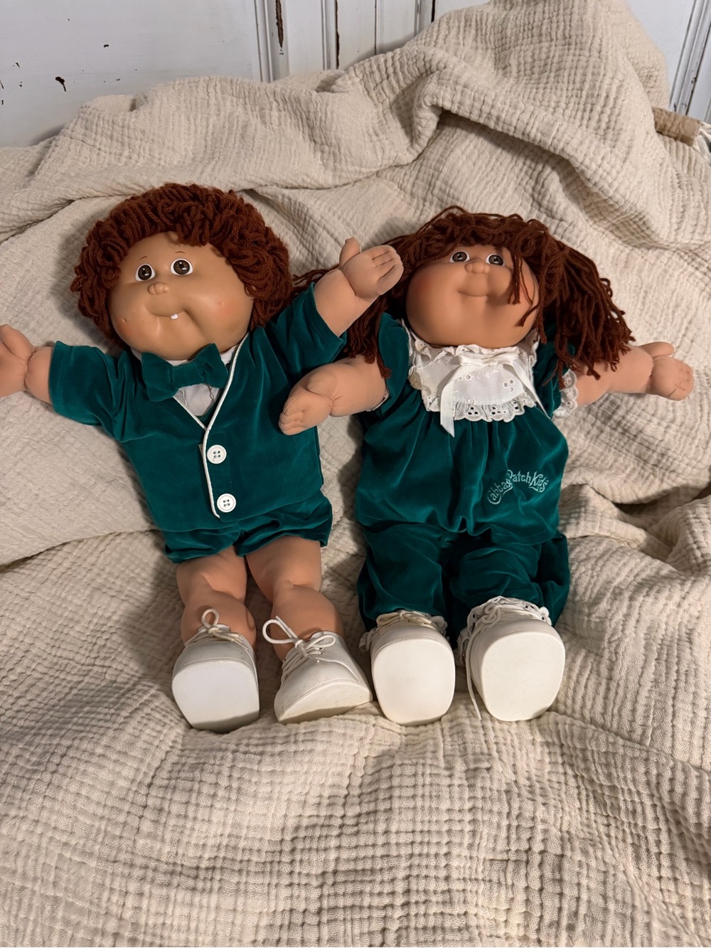 Vintage  1985 Cabbage Patch Kids Twins Boy Girl Green Velvet Outfits